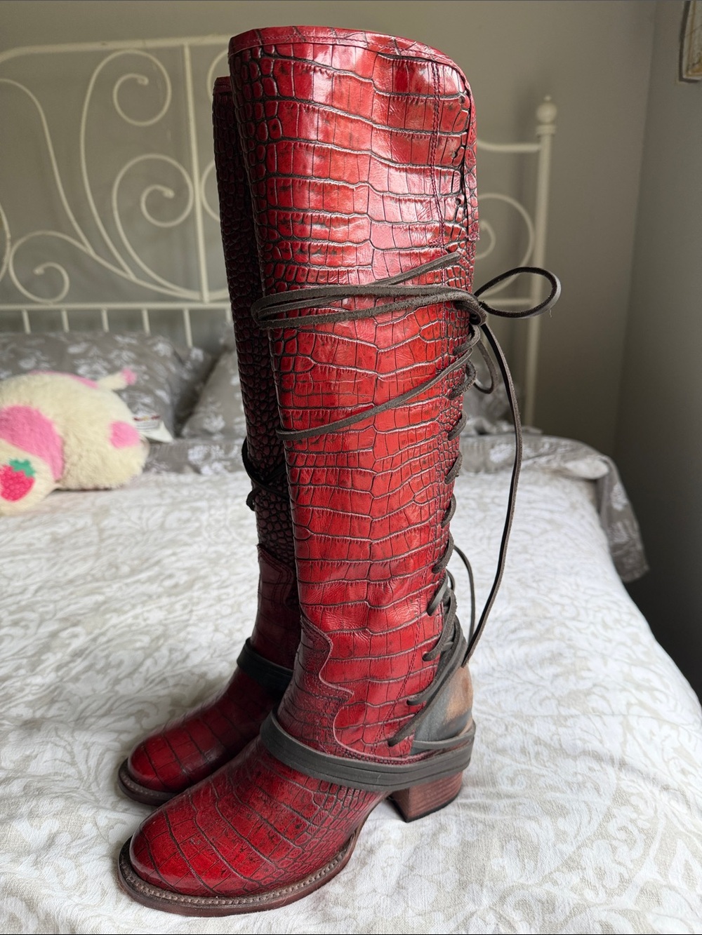Freebird Crocodile Lace-Up Knee Boots - Women
